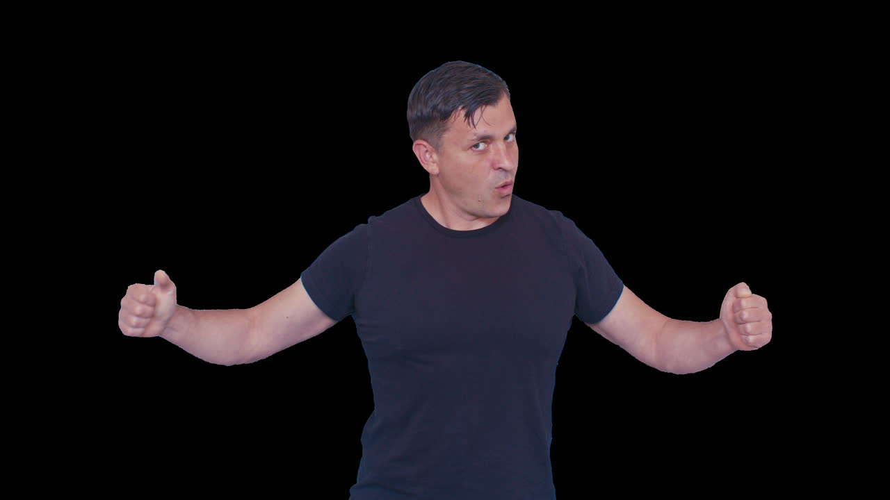 A male model man poses with his hands wide open and expresses positive emotional reaction on black chromakey transparent removed no background