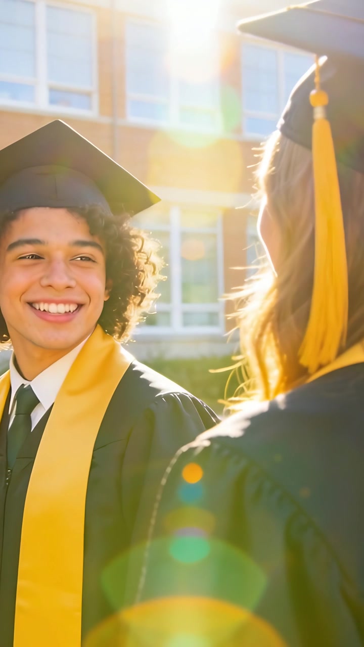 Video verticale: Sole che incoraggia il laureato a passare da una risata a un pensiero celebrativo nel campus, con toga e tocco.