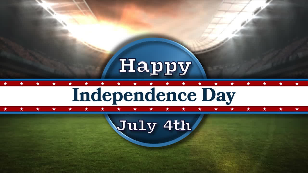 스타디움 위의 미국 국기 색상의 별과 줄무 ⁇ 를 가진  ⁇ 발의 구성