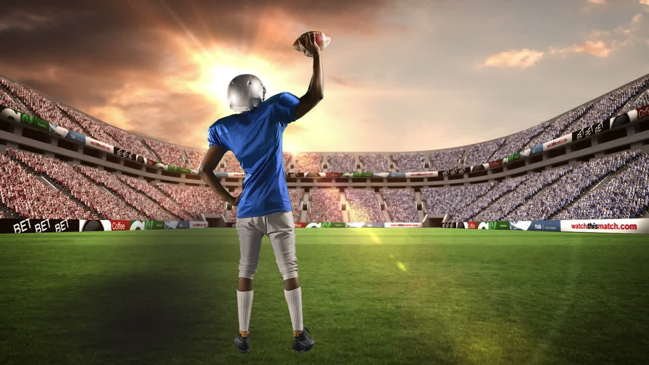 스포츠 경기장 위의 아메리칸  ⁇ 볼 선수의 애니메이션