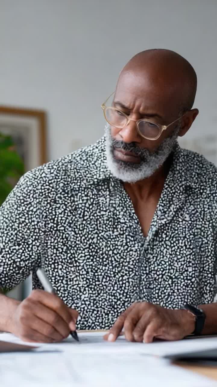 Focused Individual Engaged in Creative Thinking and Writing, Deliberately Crafting Ideas on Paper with Pen, Adding Detail and Refinement to His Work