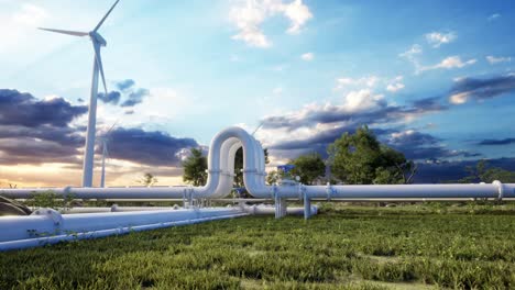 hydrogen pipeline and wind turbines. photovoltaic panels enhance clean energy generation. sunset