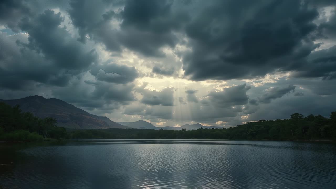 Shifting clouds revealing sunbeams dancing on mountain lake at twilight, with rippling reflections