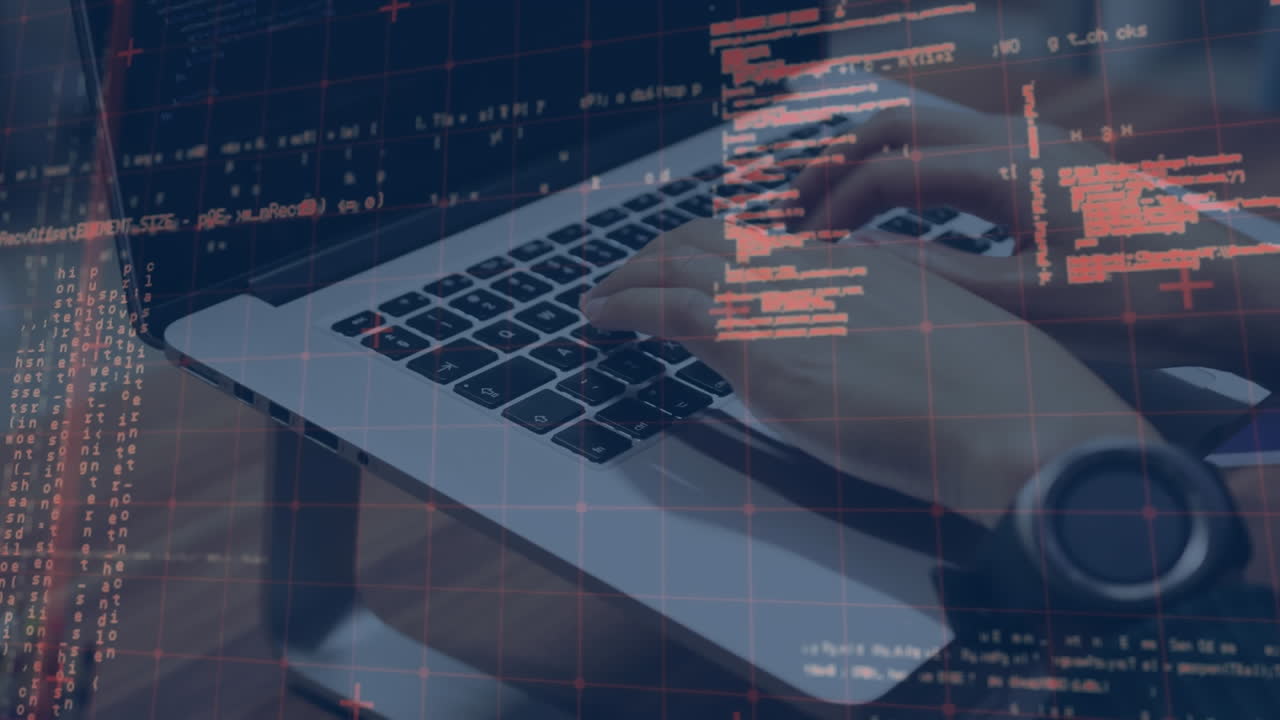 Animation of computer language and graphs over cropped hands of caucasian man typing fast on laptop