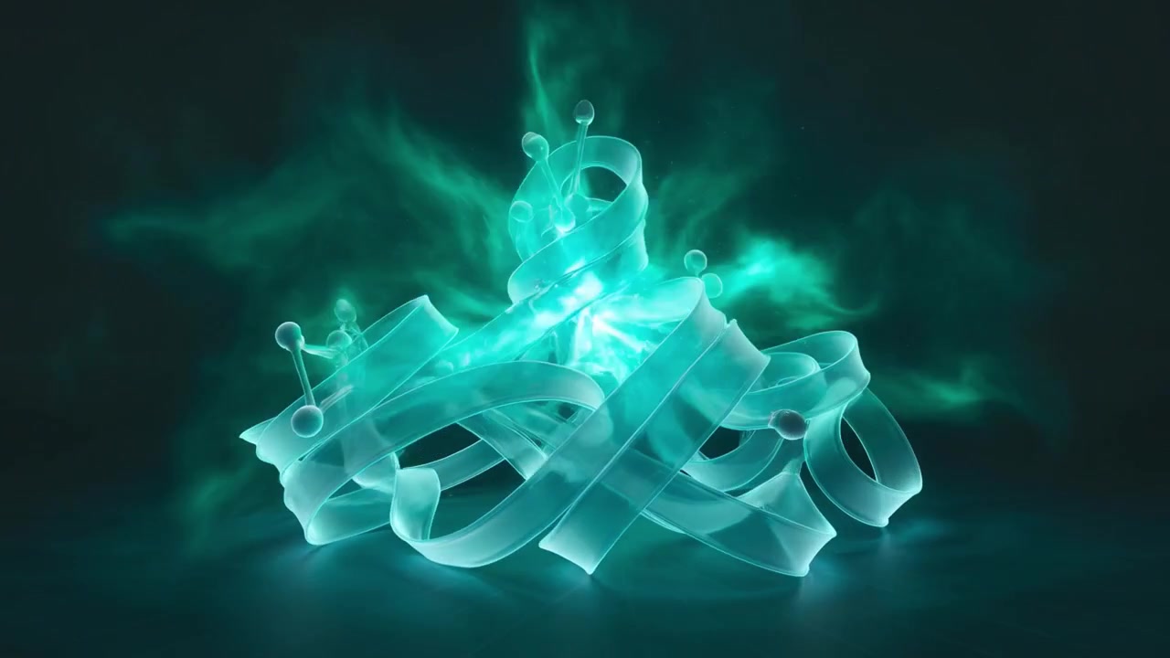 Estructura proteica compleja formándose con energía turquesa brillante