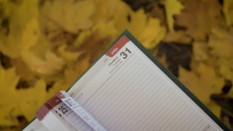 diary switching dates in slow motion with yellow leaves in the background