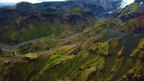 aerial landscape view of a river flowing through mountain valleys, in the fimmvã¶rã°uhã¡ls area, iceland