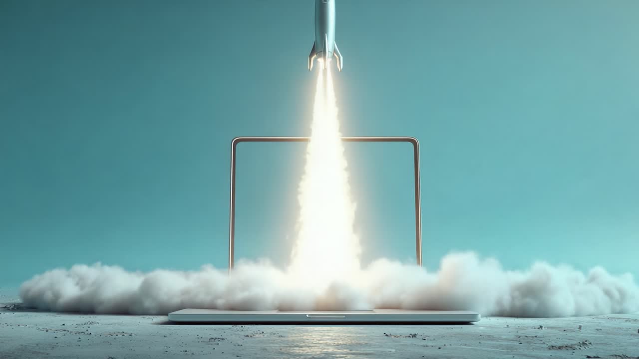 A Stunning Visualization of a Rocket Launching from a Laptop, Symbolizing the Intersection of Technology, Innovation, and Space Exploration in a Minimalist Environment