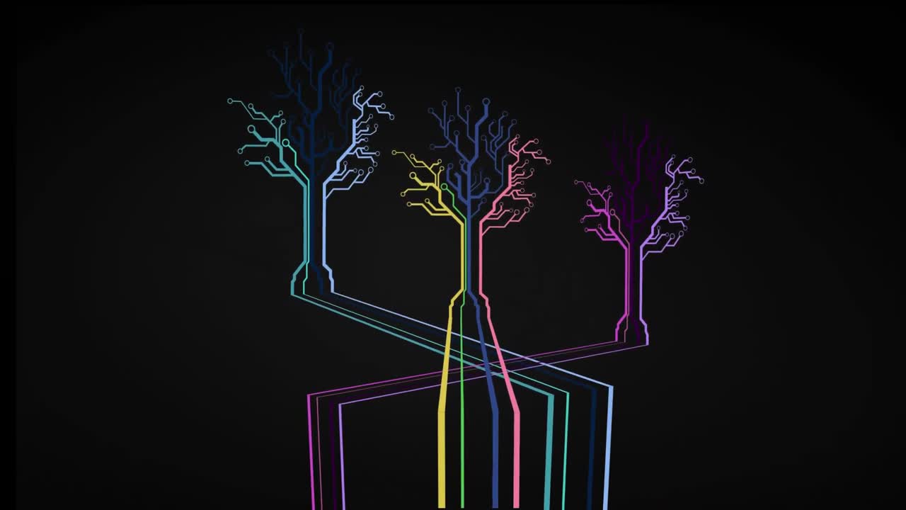 animación de tres árboles hechos de luces de neón coloridas sobre un fondo negro.