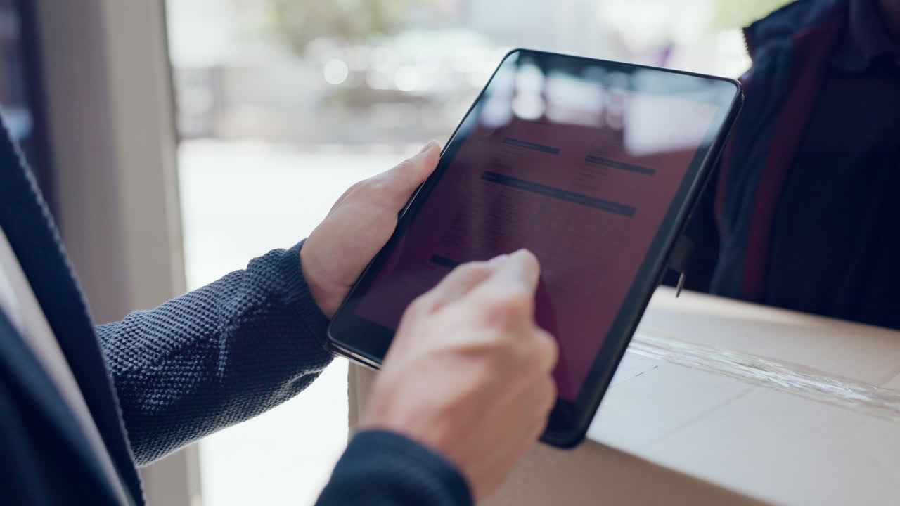 persona que recibe un paquete y utiliza una tableta