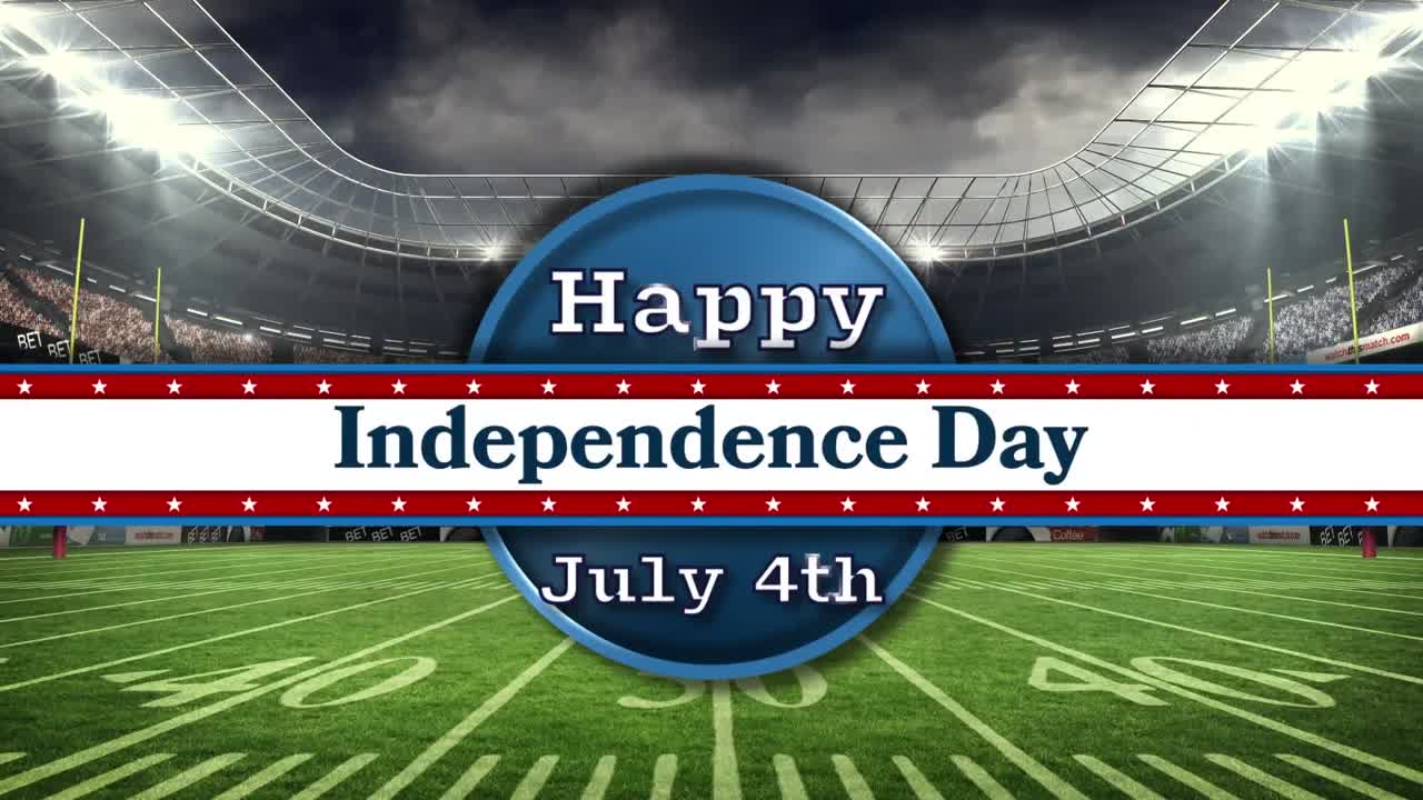 럭비 경기장 위의 미국 국기 색상의 별과 줄무 ⁇ 를 가진  ⁇ 발의 구성