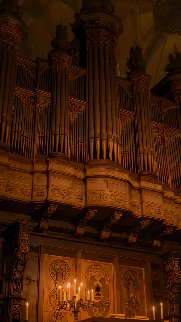 Vertical video: Camera maintaining steady shot showing pipe organ in cathedral with lit candelabrum