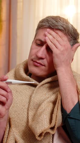 young man checks body temperature with thermometer looks worried about possible illness and fever