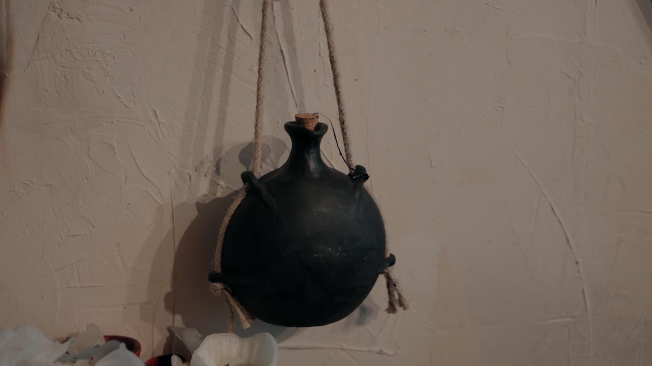 Hanging black clay vessel with rope against textured wall