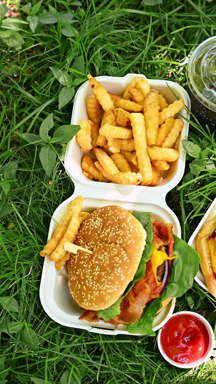 Hambúrgueres, batatas fritas e refrigerante em piquenique na grama de verão. Vista superior de hambúrgueres, batatas fritas, refrigerante e ketchup organizados para piquenique ao ar livre na grama ensolarada de verão.