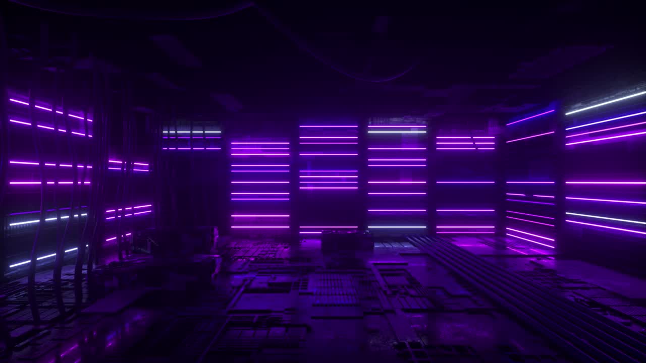Neon background. Purple and blue neon background appears and disappears. Bright vibrant neon background. Technological space. Room. 3d animation