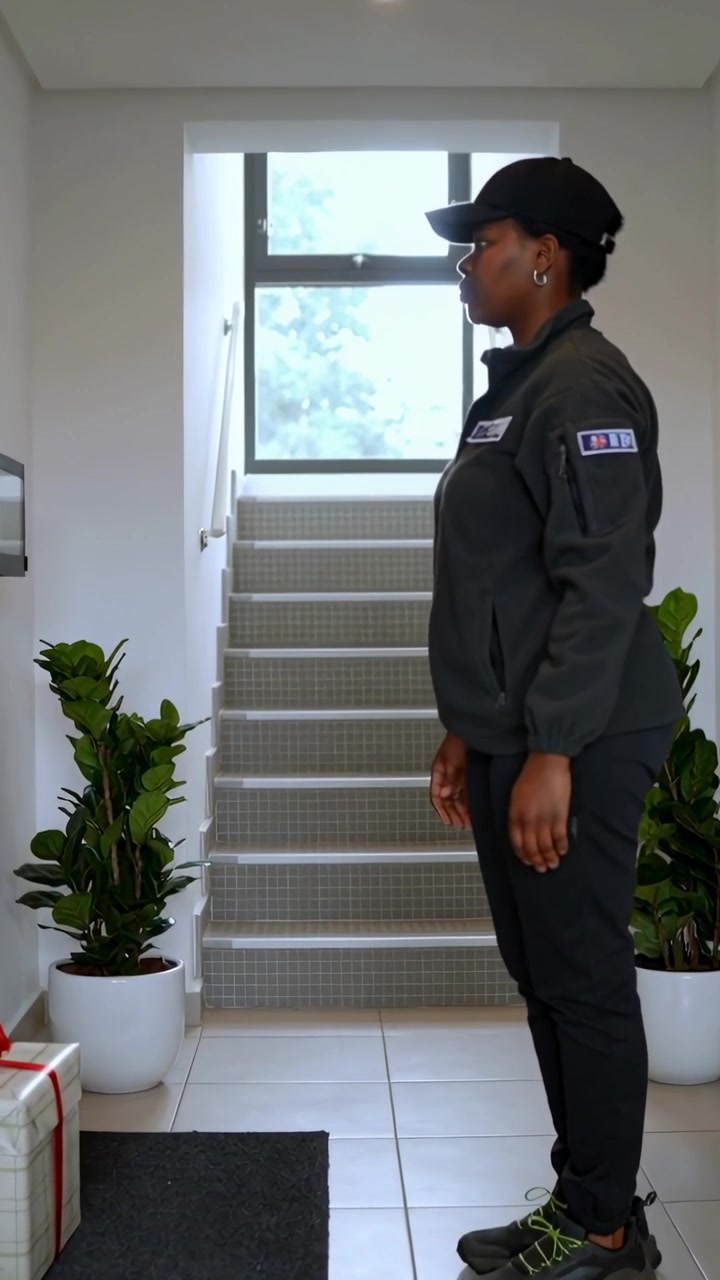 Vertical video: Entering courier placing gift parcel at entryway for delivery in dark uniform