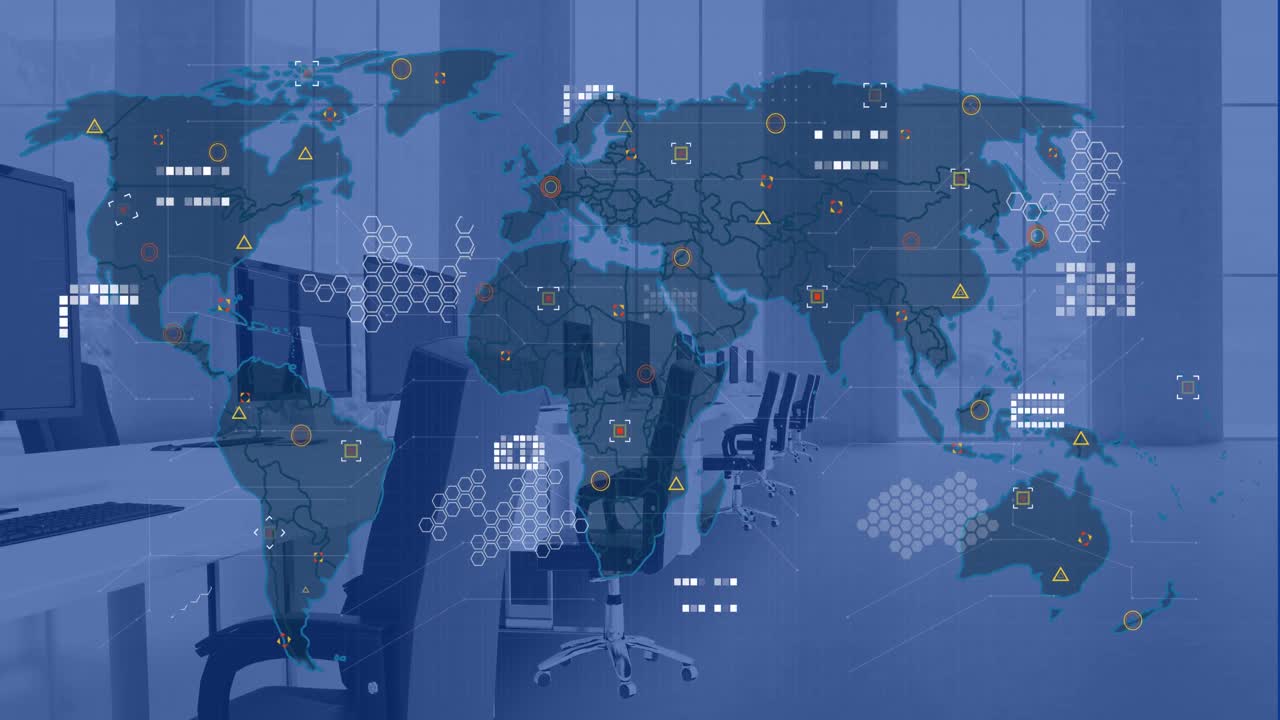 Animation of world map and data processing against empty office