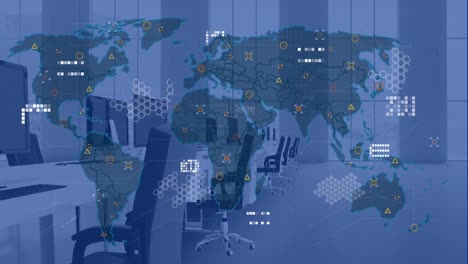 Animación-Del-Mapa-Mundial-Y-Procesamiento-De-Datos-En-Una-Oficina-Vacía
