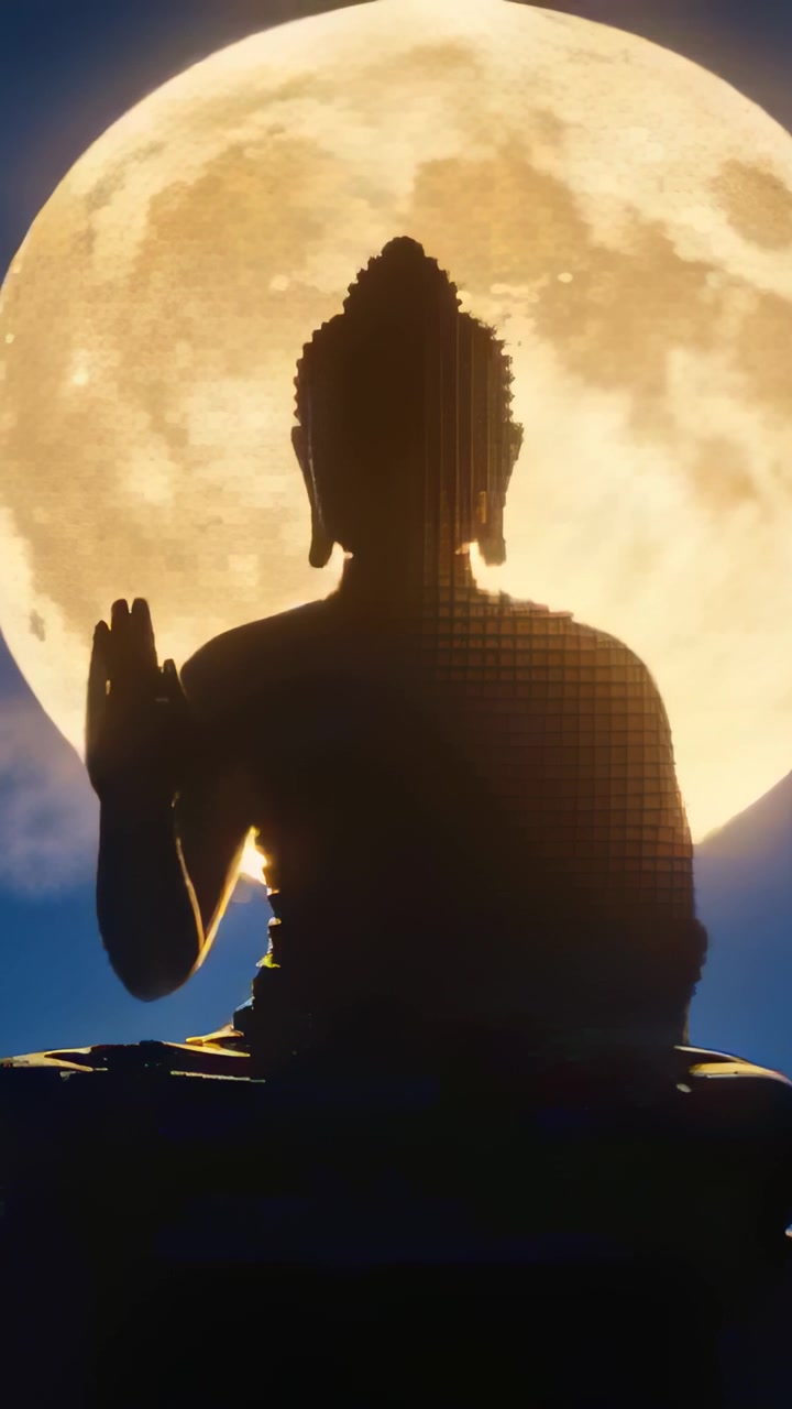 Video verticale: Luna piena luminosa che delinea la silhouette di un Buddha seduto su un piedistallo, calmante