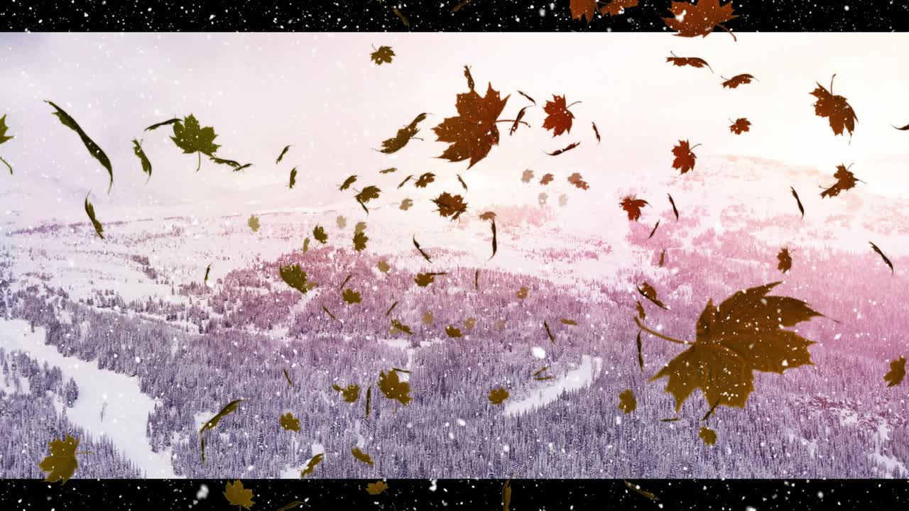 Gust of wind carrying multicolor leaves swirling through orange circle mask revealing snowy valley