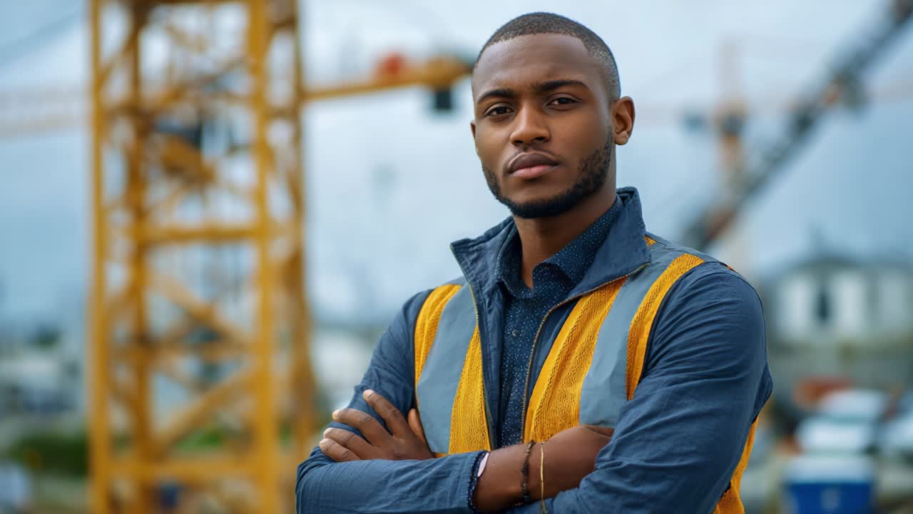 Focused and Resolute Construction Worker with a Confident Stance at a Building Site, Featuring Iconic High-rise Cranes and Equipment in the Background, Capturing the Essence of Hard Work and Dedication