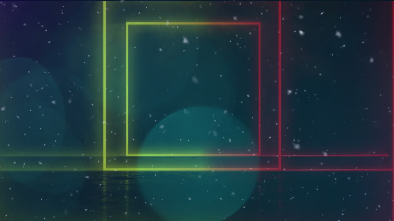 Animation of green and red neon squares over white particles and blue bokeh lights, moving on black