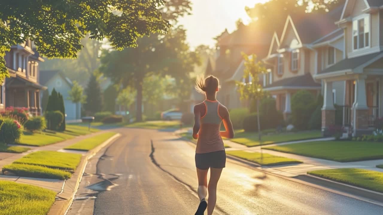 Donna che corre su una strada soleggiata in un quartiere residenziale
