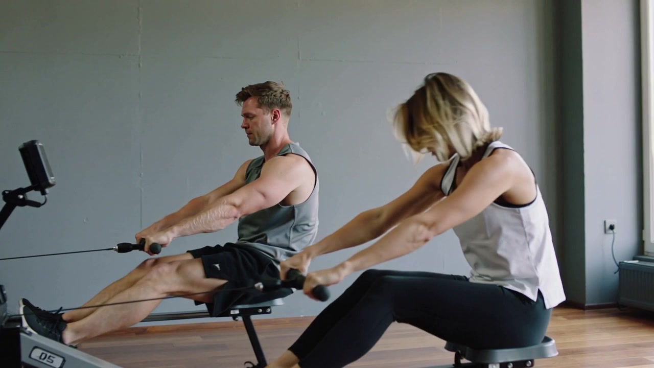 Preparing for catch, man and woman in workout clothes pushing rowers, training together in studio