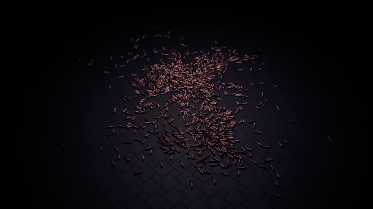 어두운 배경에서 뒤로 돌아가는 총알의 과정: 많은 추상적인 총알이 바닥에서 날아오고, 전쟁, 공격 및 보호의 개념