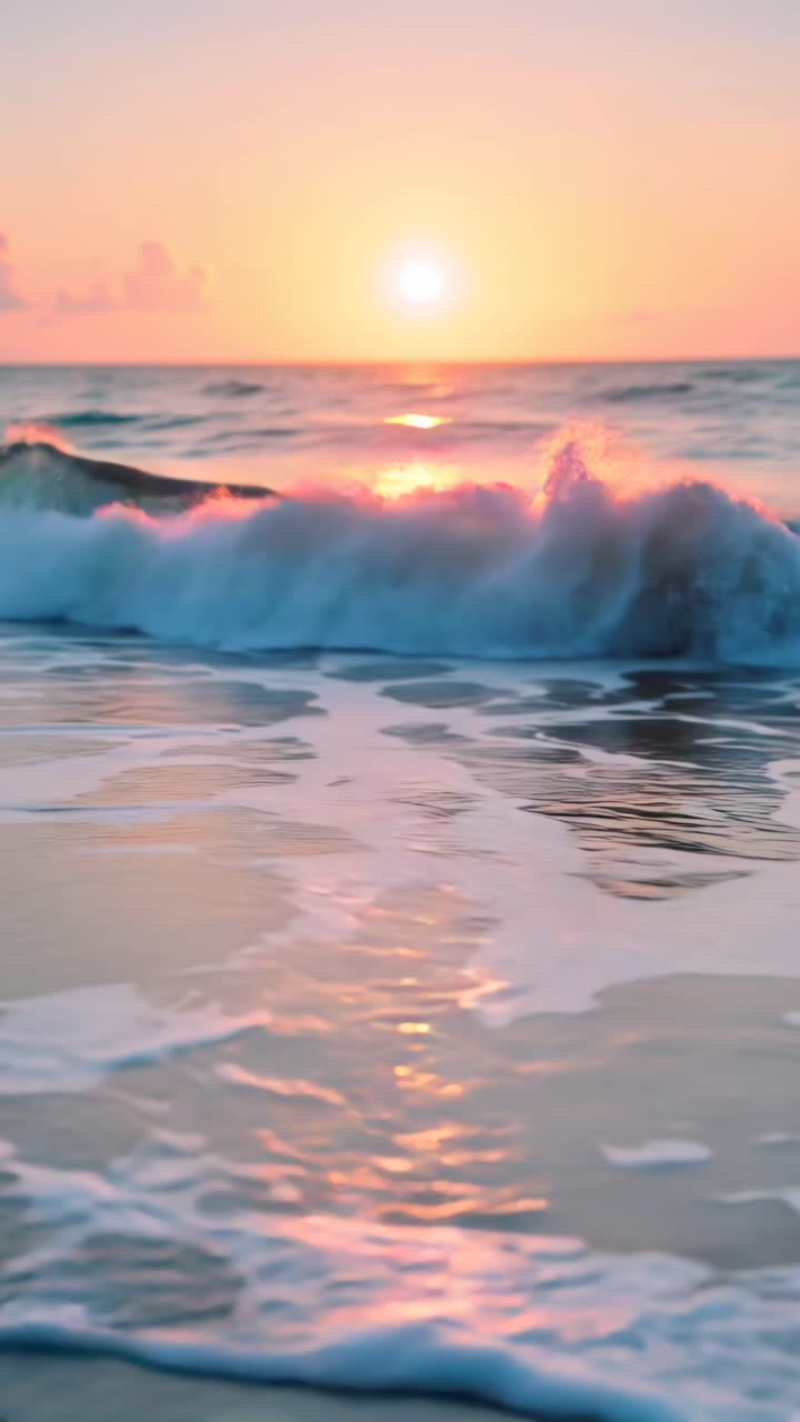 Serene sunset over ocean waves, captured from a low angle. The vibrant ...