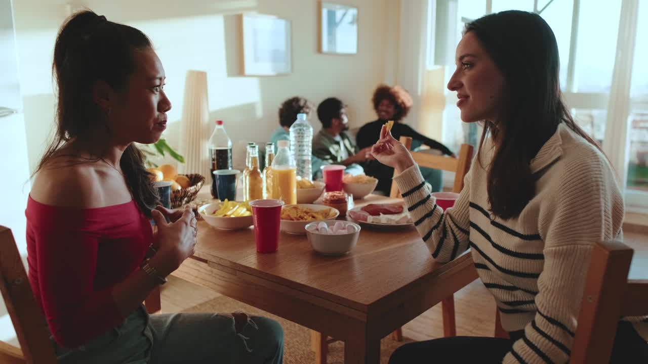 Group of friends dining together and having a conversation