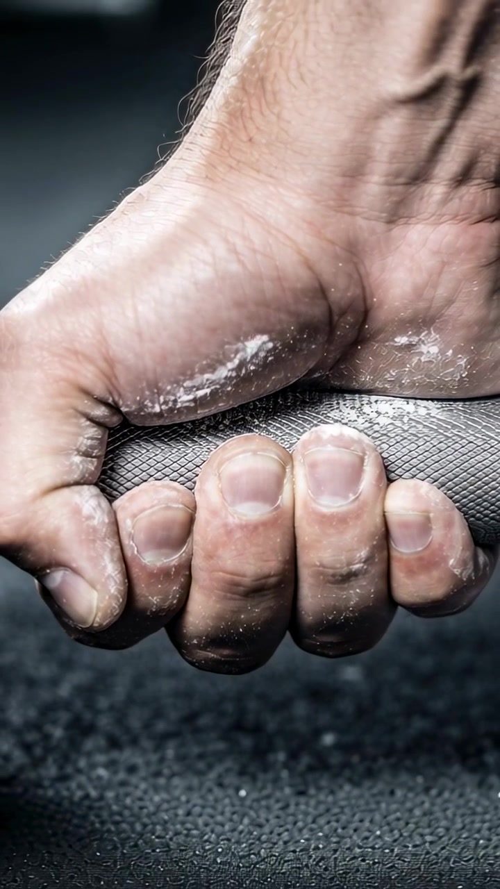 Video verticale: Mano destra che si stringe su una maniglia di metallo gessata in palestra, preparandosi a sollevare.