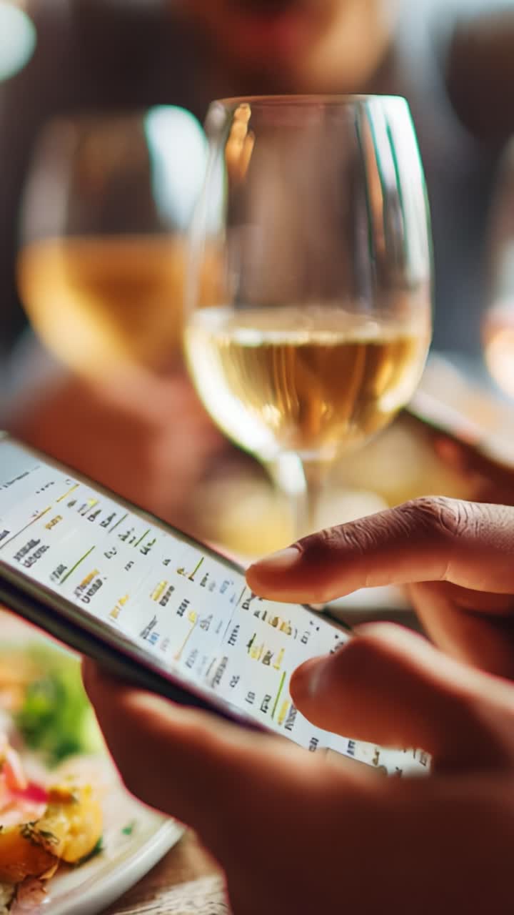 En underholdende spiseoplevelse: Brug din smartphone til at se menukort, mens du nyder god vin ved et hyggeligt restaurantbord med lækker mad og drikke