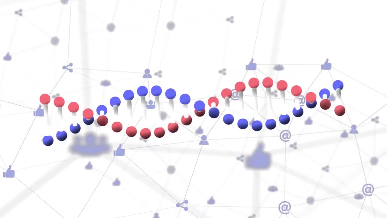 Digital animation of topography icons floating against dna structure spinning on grey background
