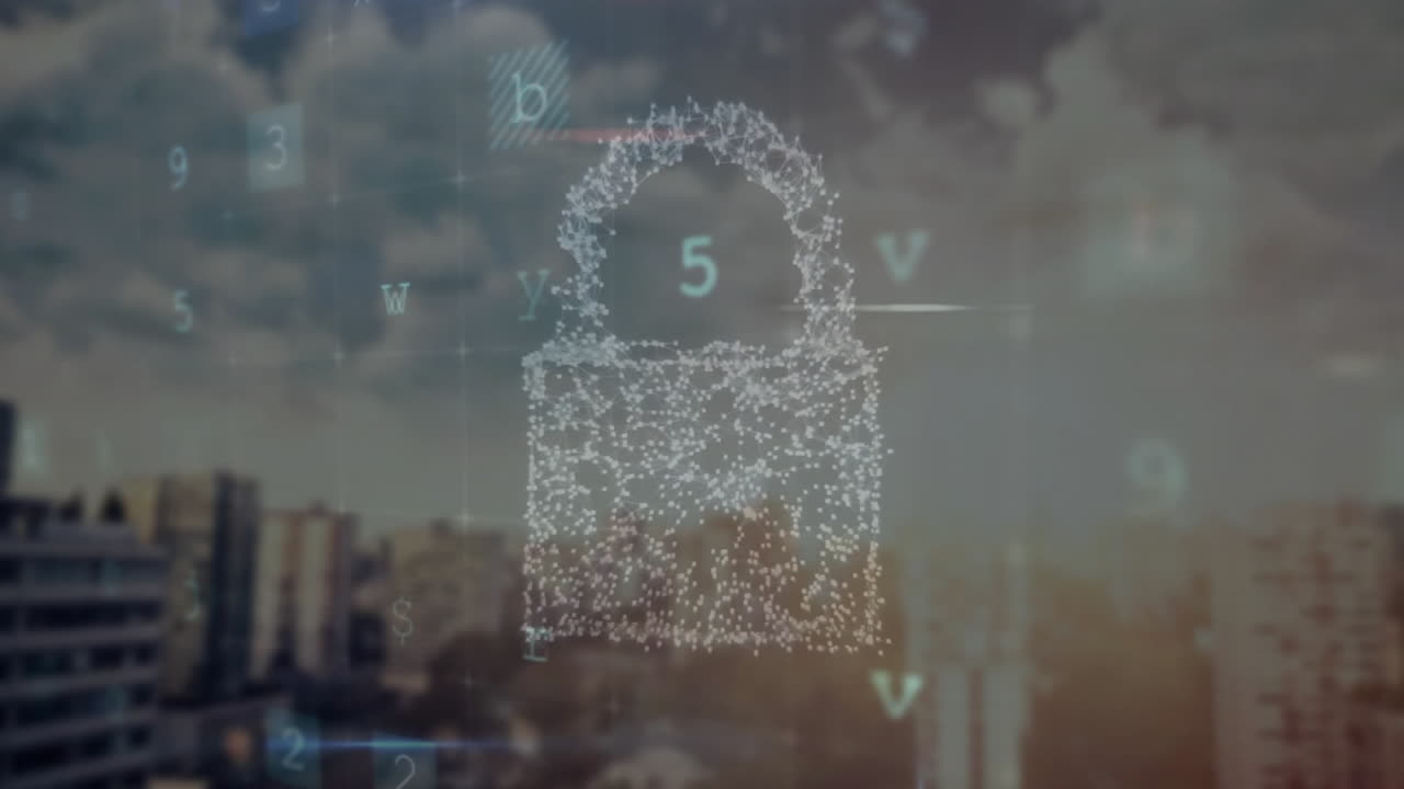 Animation of data processing and security texts over padlock and cityscape