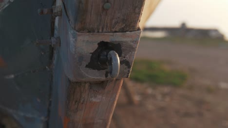 close up mooring eye on carvel built boat