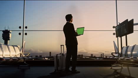full body back view of asian businessman with rolling suitcase in boarding lounge at the airport, using green screen laptop while waiting for flight, airplane takes off outside the window
