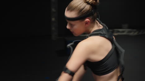 mujer bailando con traje de captura de movimiento en el estudio bailarina de ballet chica con traje de mo-cap para animación de personajes 3d para tecnología de realidad virtual