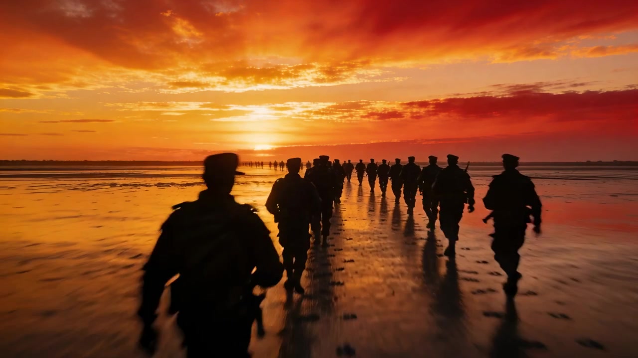 Walking uniformed troops with caps advancing to horizon on tidal flat, sunset signaling on patrol