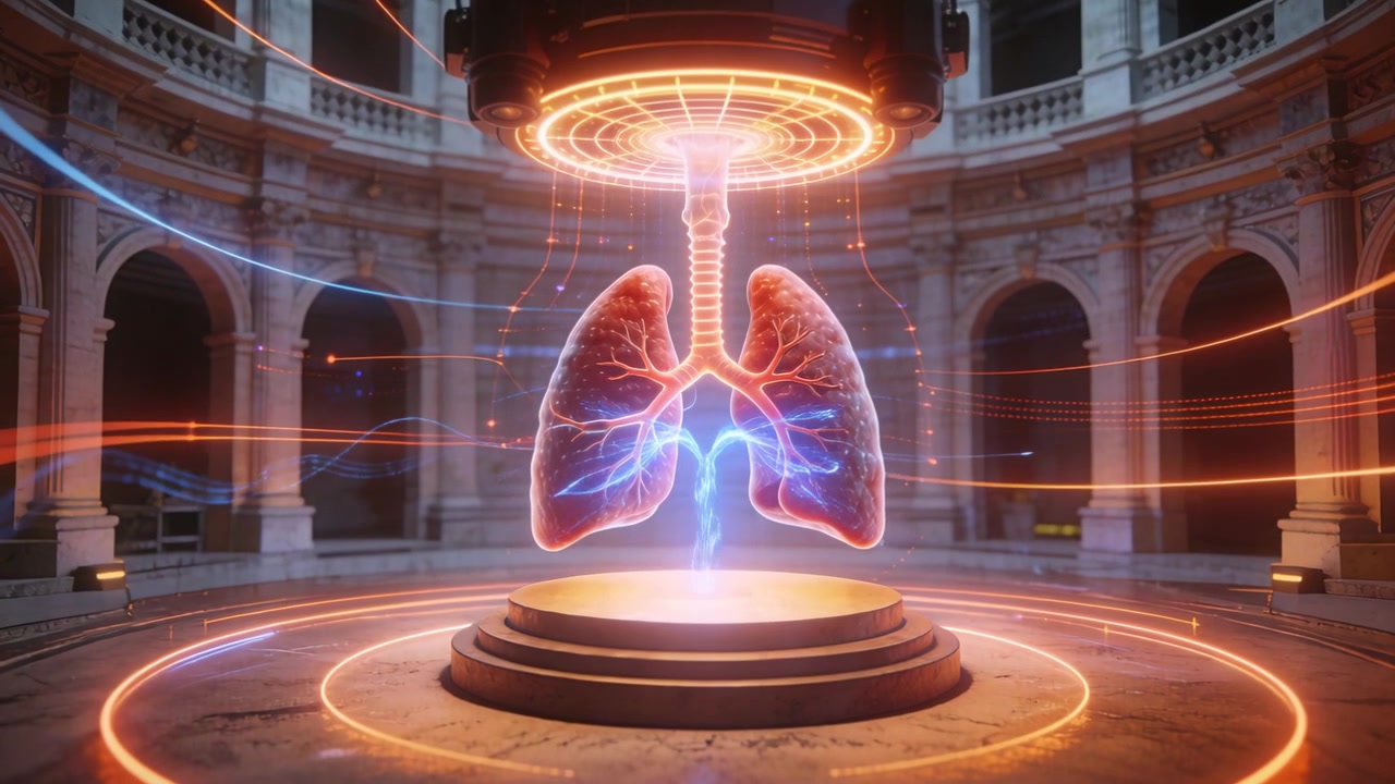 Activating projector emitting ring light and projecting lung hologram in rotunda, showing airways
