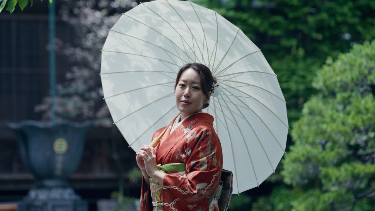 Woman in Kimono with Umbrella in a Japanese Garden