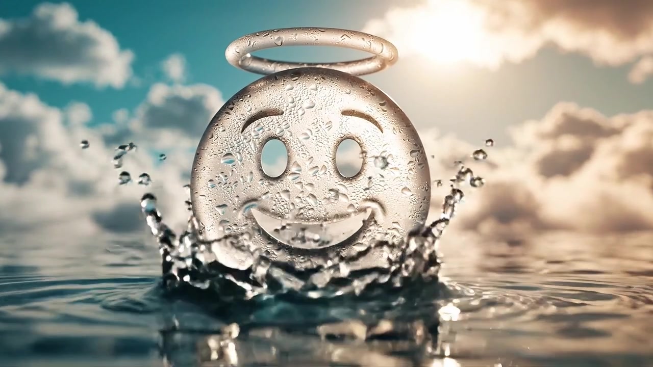 Et muntert, gennemsigtigt smil med en glorie, reflekteret i vandet under en smuk himmel med bløde skyer og sollys, der fremkalder glæde og positivitet i naturen.