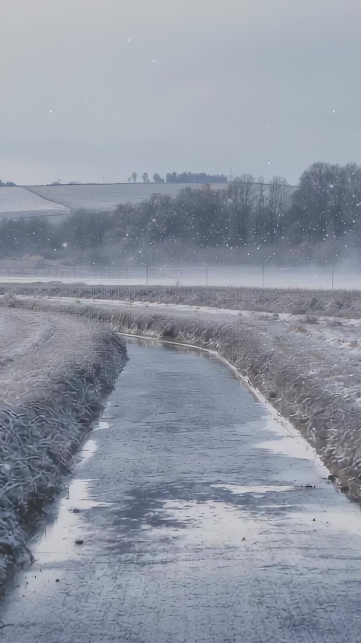 Vertical video: Moving camera filming frozen drainage channel between frosted banks, drifting mist