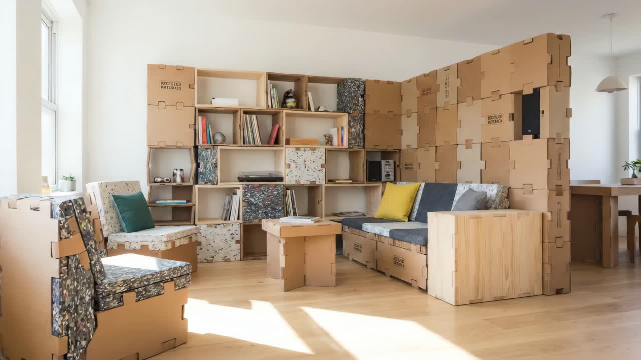 Salón moderno amueblado con muebles de cartón sostenibles