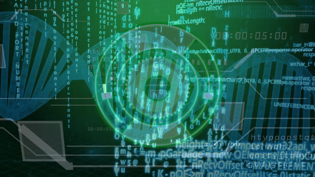 Background turning green starting HUD emergence, ring rotating and code scrolling for DNA analysis
