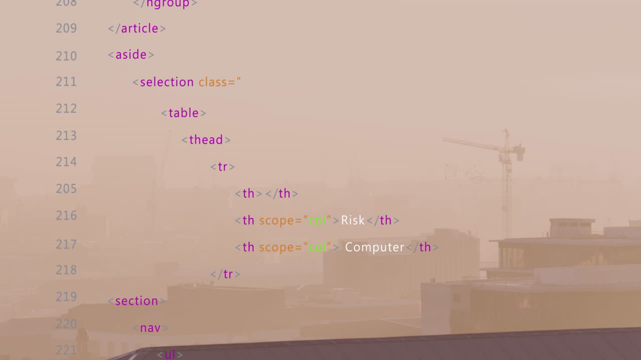 Animation of multicolored computer language over fog covered modern city against sky