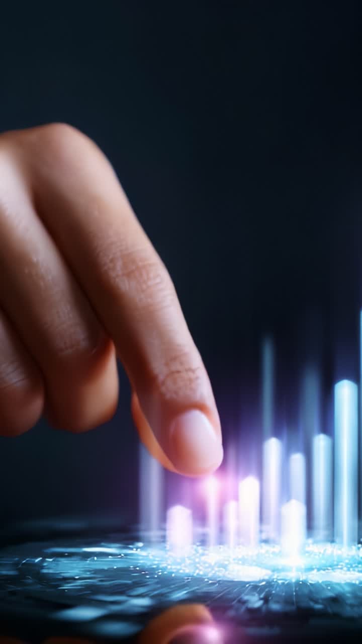 A Glowing Hand Tapping on a Digital Display with Rising Light Bars, Representing Technology, Innovation, and Data Visualization in a Modern Context