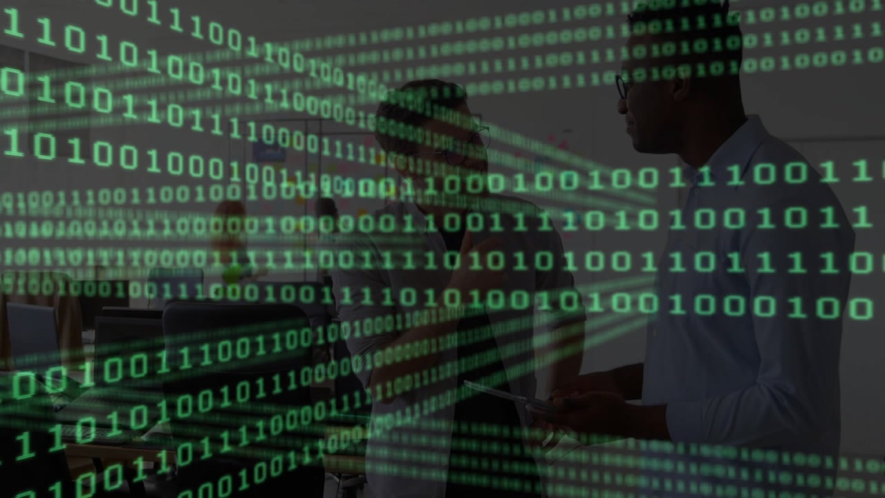 Binary code cascading over office while woman pointing laptop during tech collaboration, man typing