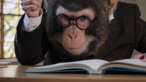 un mono en traje leyendo un libro